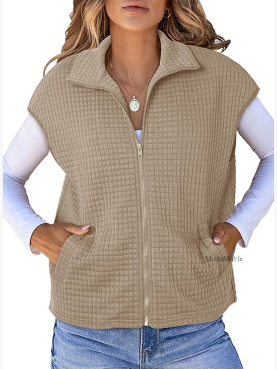 Jackets & Blazers - Sleeveless Zip Up Knit Vest with Pockets Loose Fit